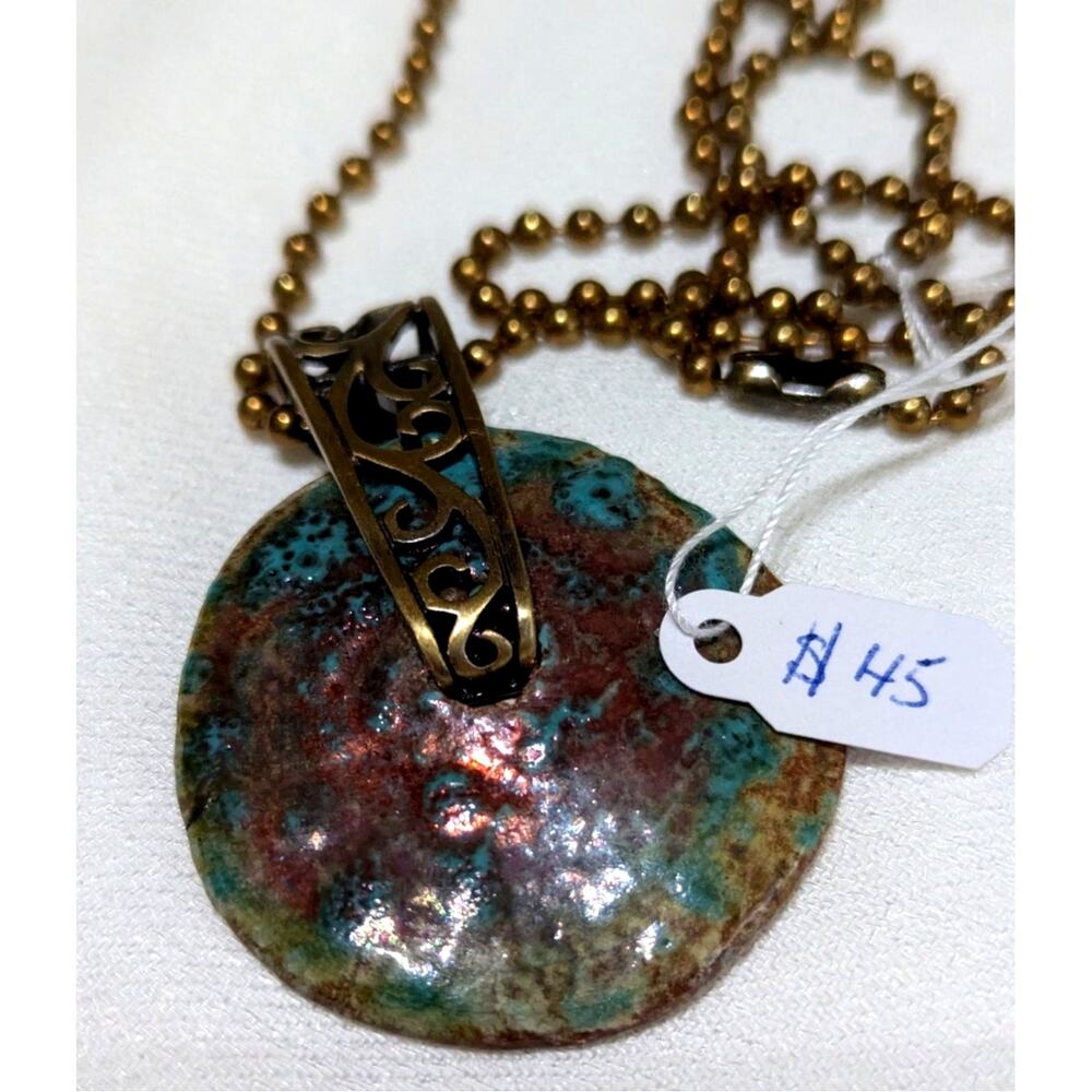 Raku donut pendant+17 ball chain handmade artisan brass ethnic boho hippie NWT